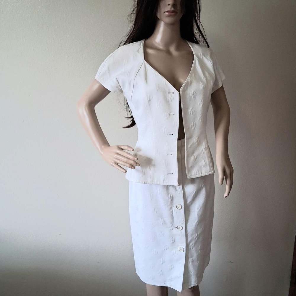 Vintage 80s‎ Does 40s Italian White Cotton Jacquard Skirt Suit Set 40 S